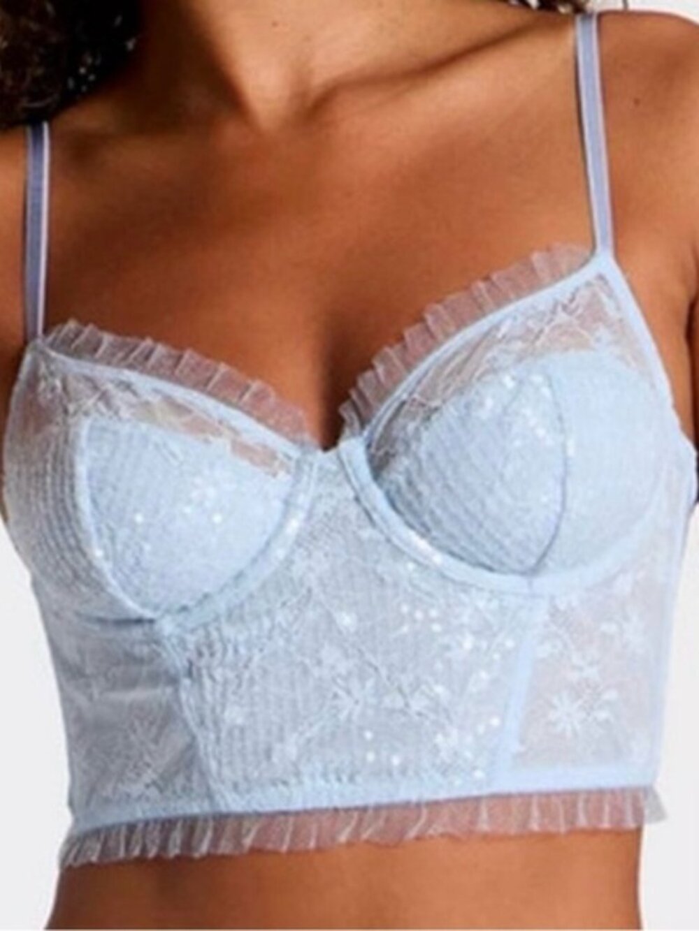 wild fable Light Blue Lace Longline Bralette and High-Waist Brief Set
